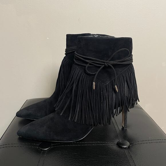 Sam Edelman Sexy Black Fringe Stiletto Heel Bootie Suede Black 9 - Picture 2 of 7